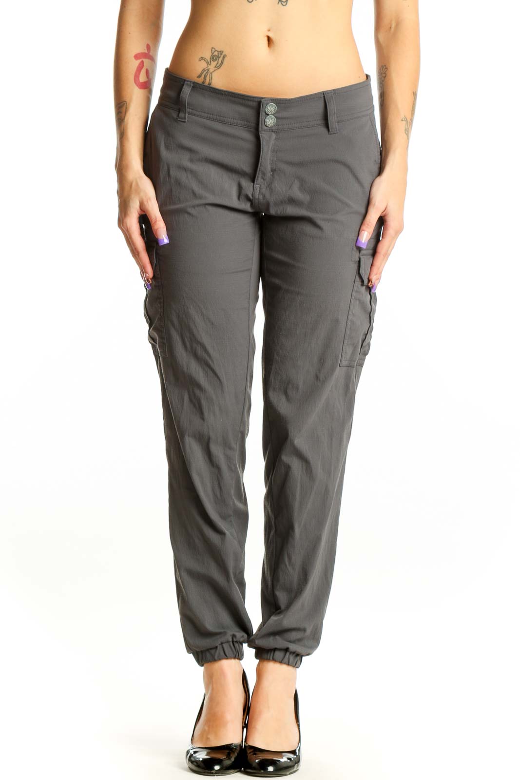 Gray Cargo Jogger Pants with Elastane Front