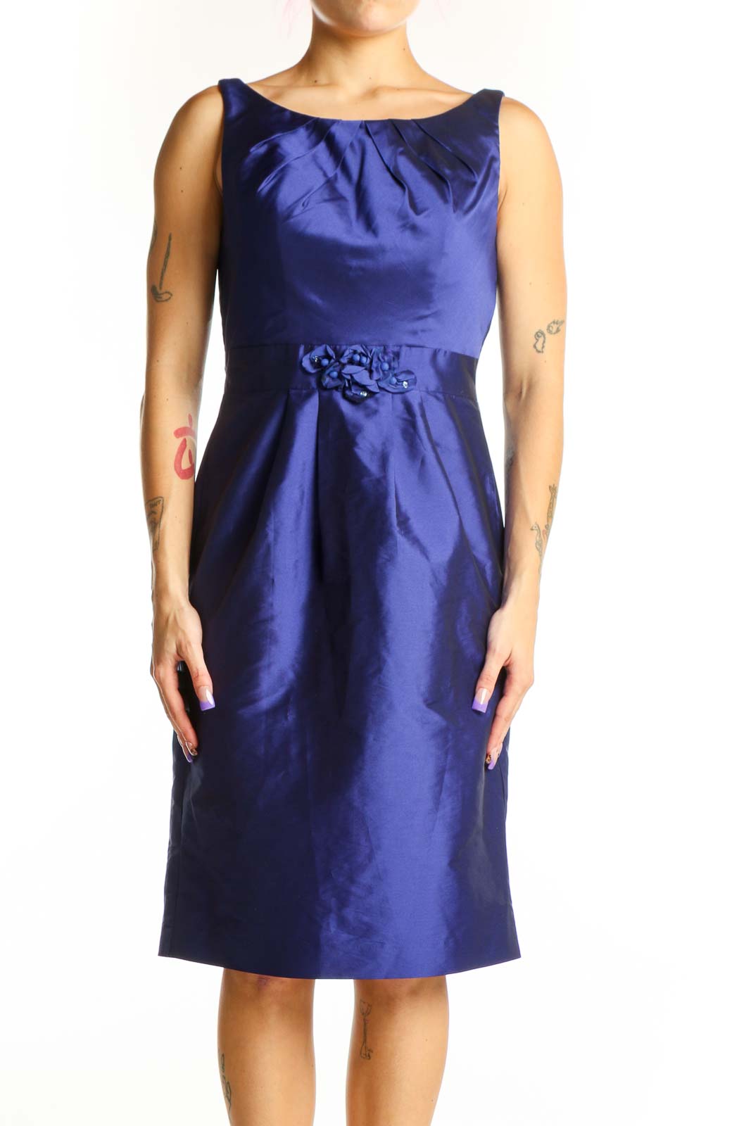 Navy Blue Satin Cocktail Dress with Ruched Detail Front
