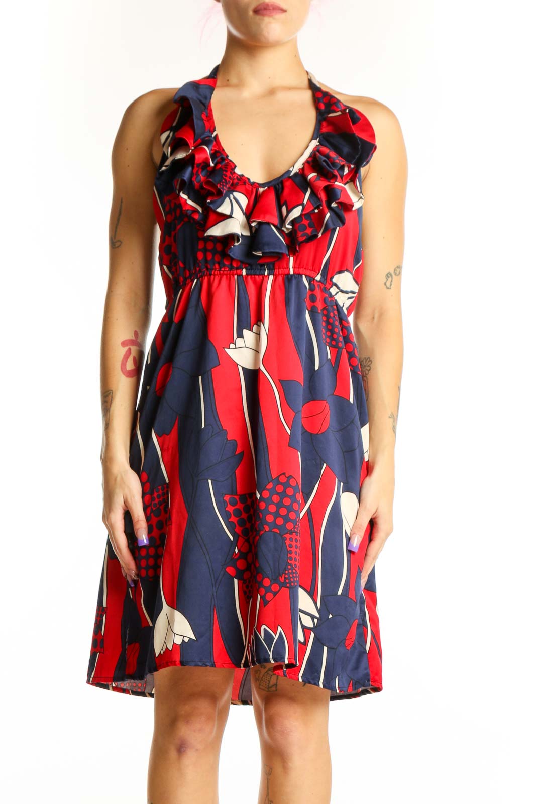Red Navy Abstract Ruffle Midi Dress Front