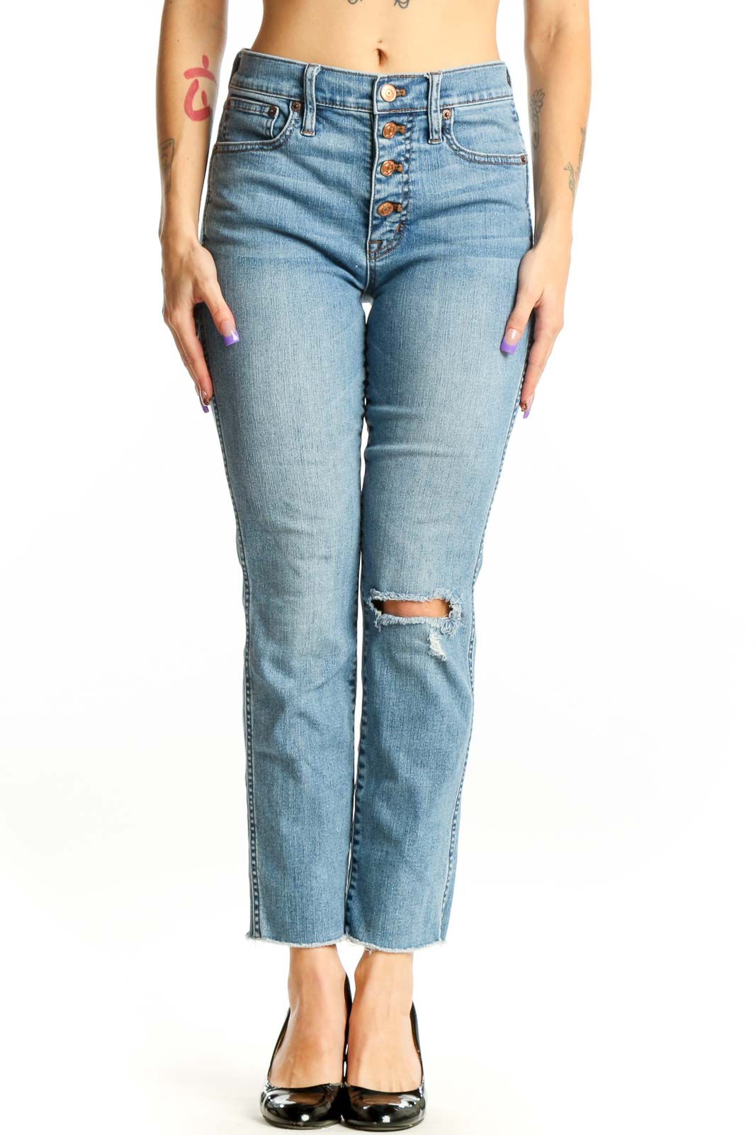 Blue Distressed Button-Fly Cropped Jeans Front