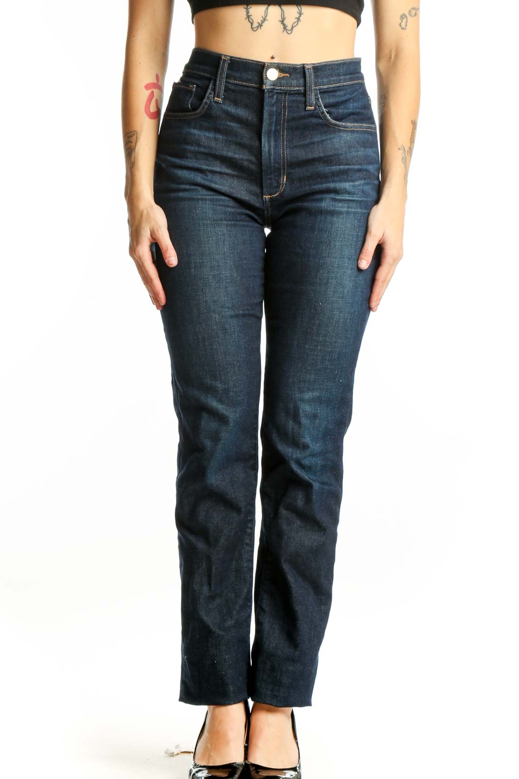 Dark Blue High-Waisted Straight Leg Jeans Front