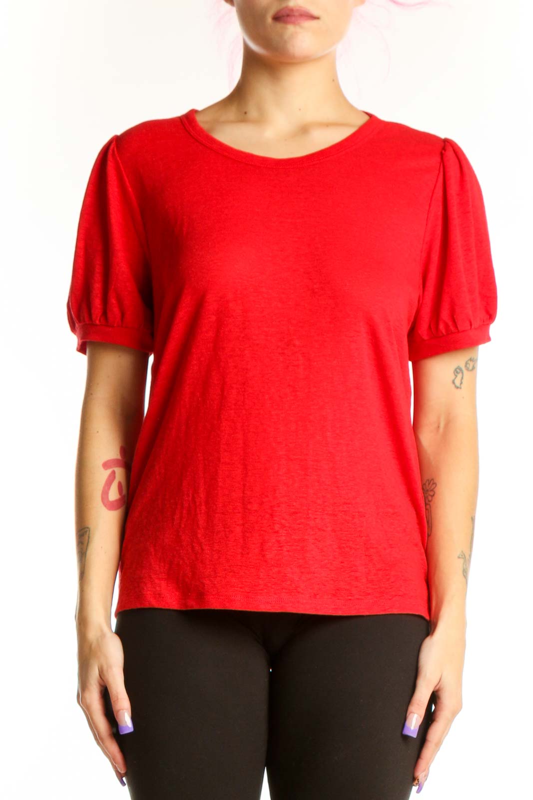Red Puff Sleeve Linen Blend Top Front