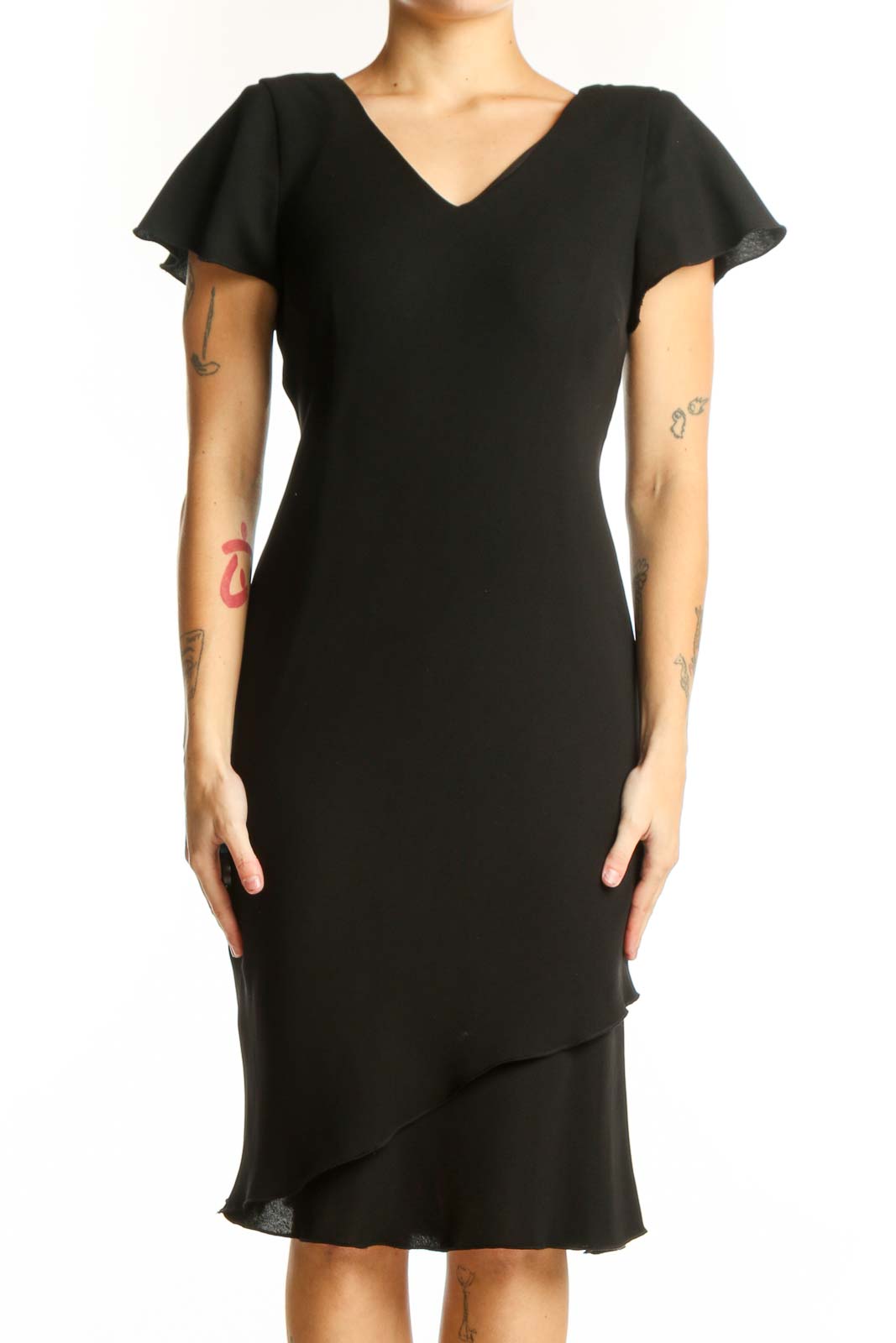 Black Flutter Sleeve Midi Dress Front
