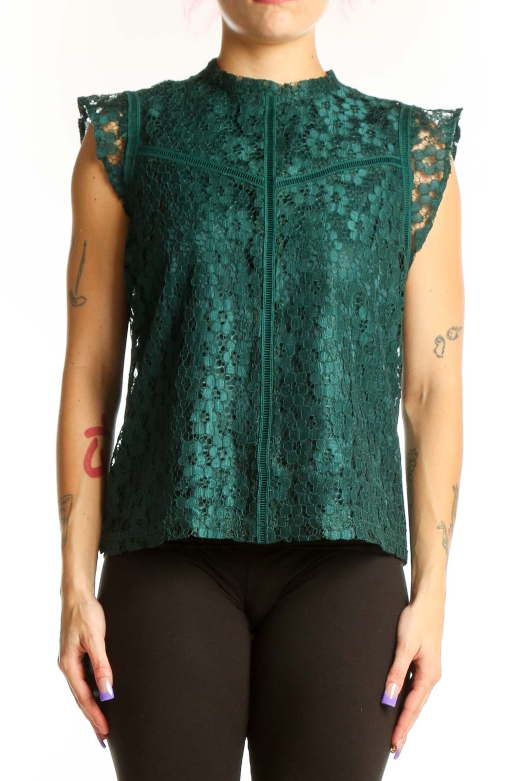 Green Lace Sleeveless Top Front