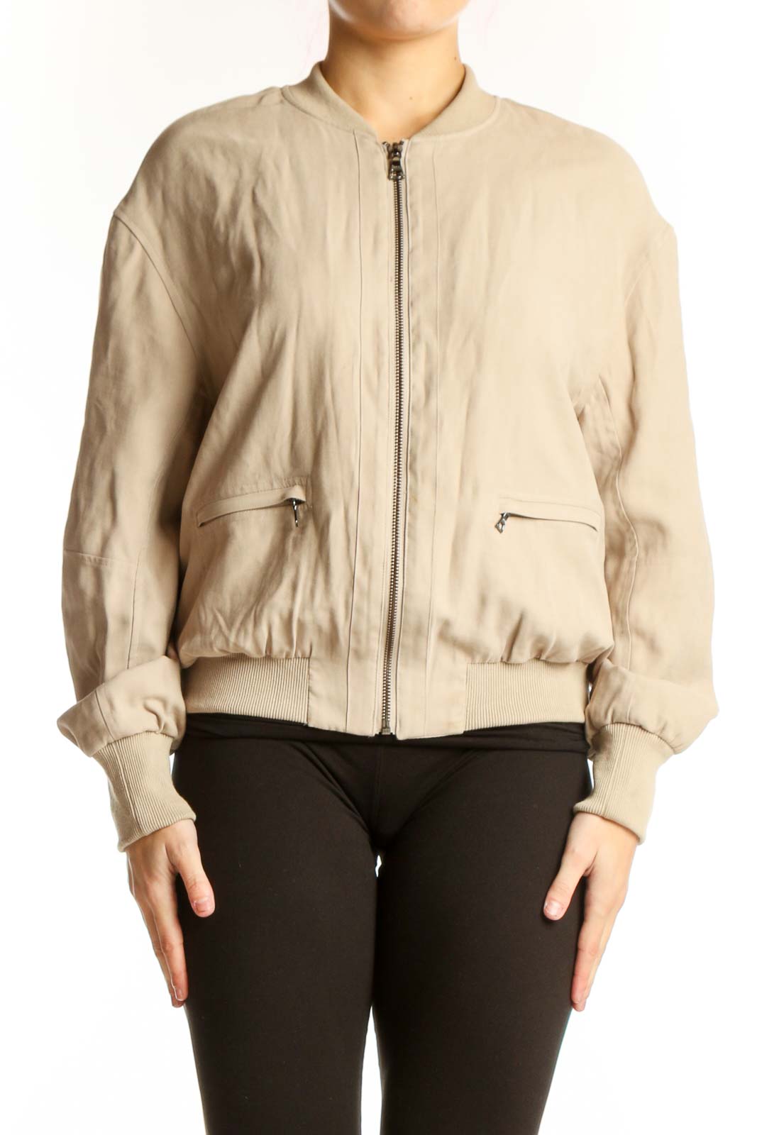 Cream Bomber Jacket with Ribbed Cuffs Front