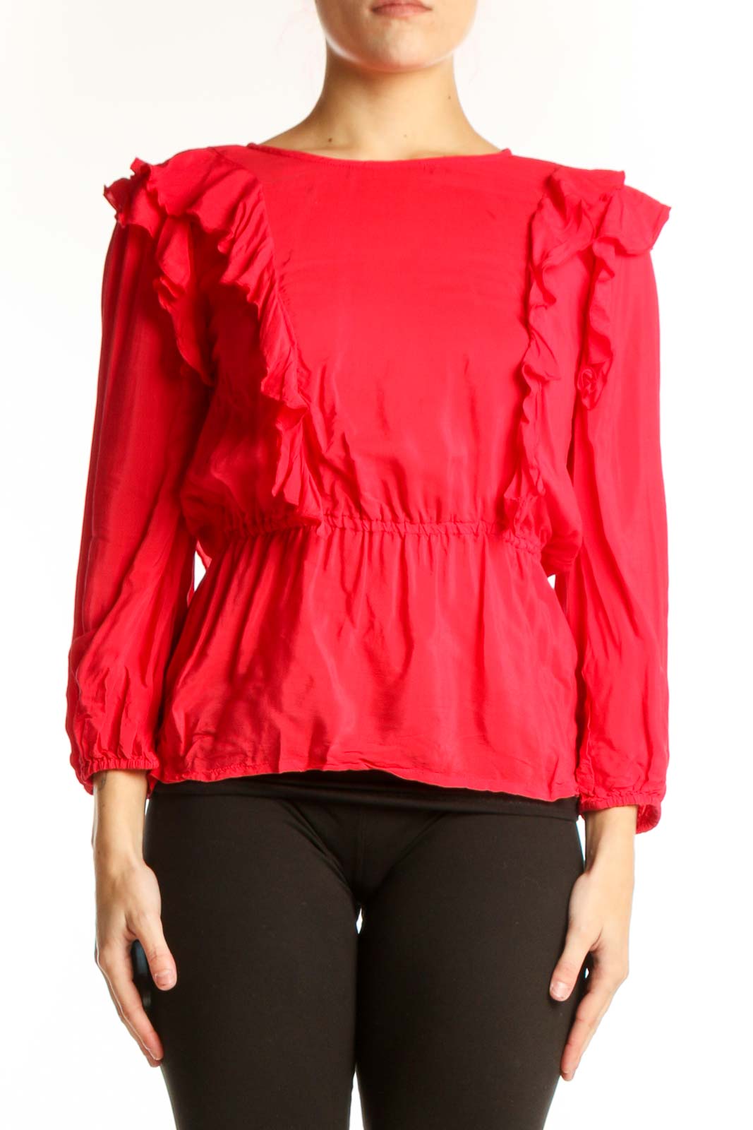 Red Ruffle Long Sleeve Viscose Top Front