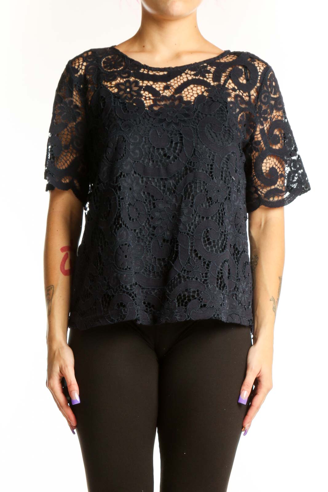 Black Lace Short Sleeve Top Front