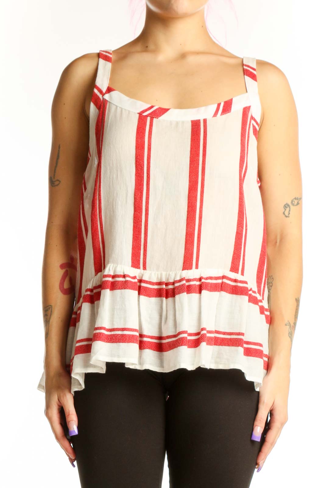 Red and White Striped Cotton Tank Top Front