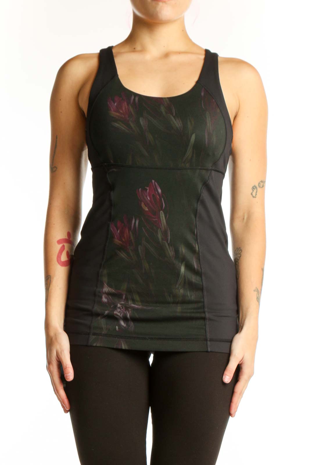 Black Floral Tank Top Activewear Front