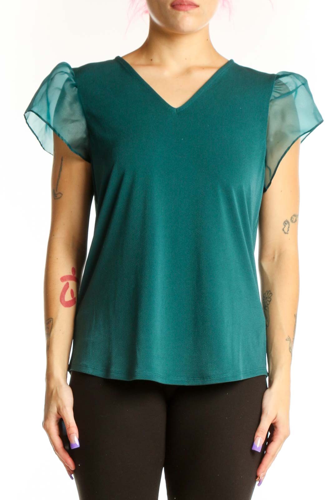 Teal Puff Sleeve V-Neck Top Front