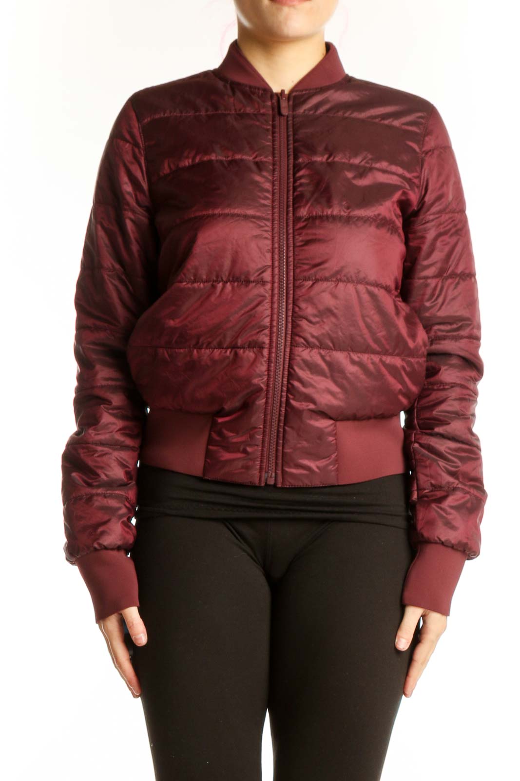 Burgundy Puffer Bomber Jacket Front