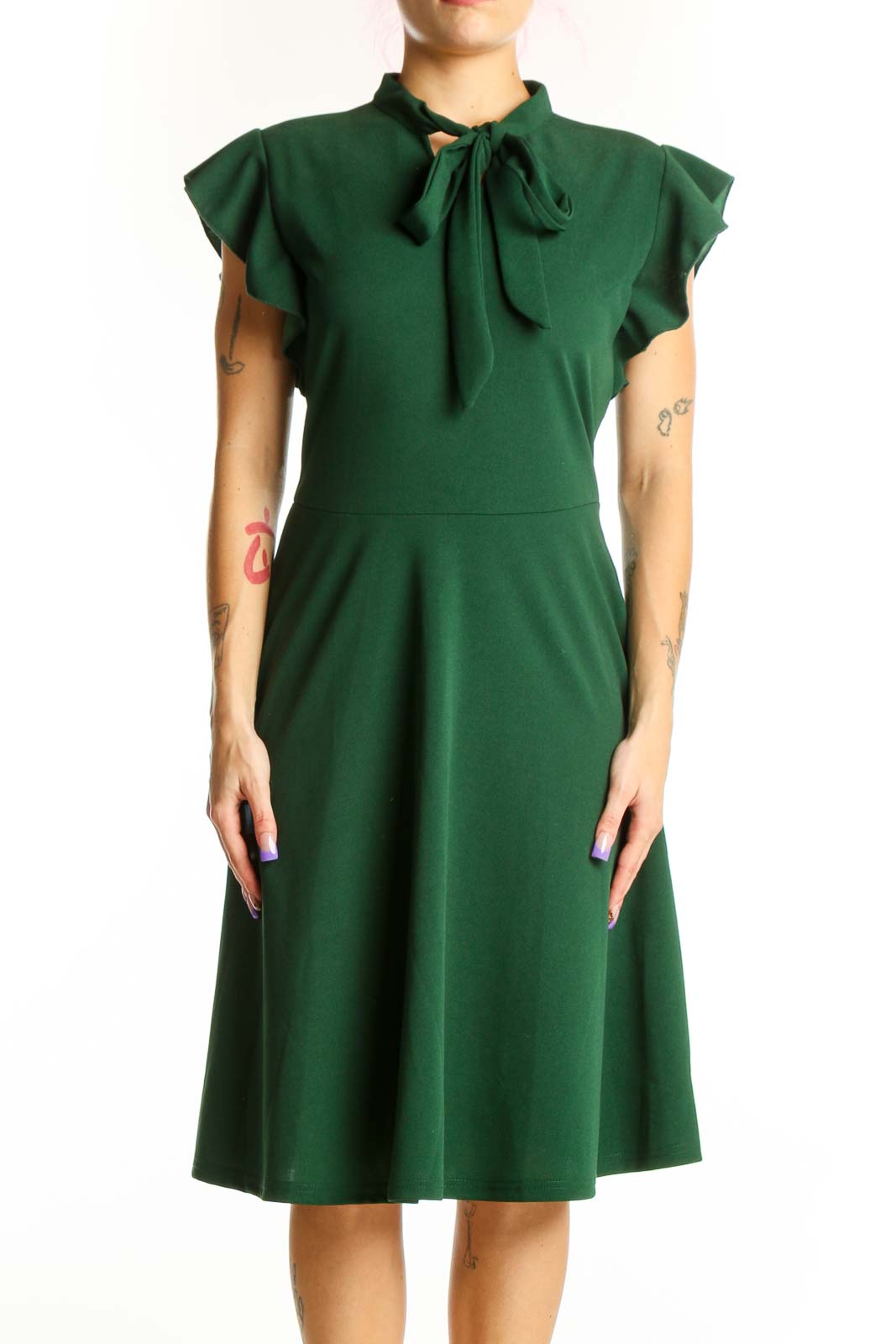 Green Tie Neck Cap Sleeve Midi Dress Front