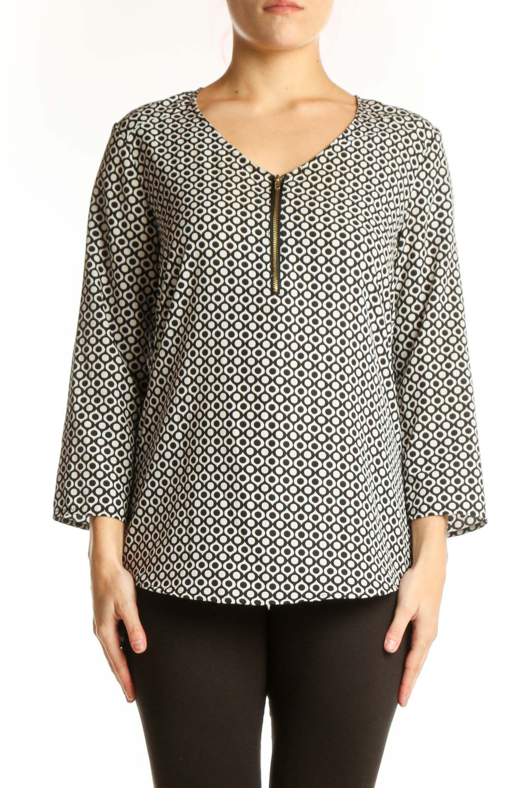 Cream Geometric Print Three-Quarter Sleeve Top Front