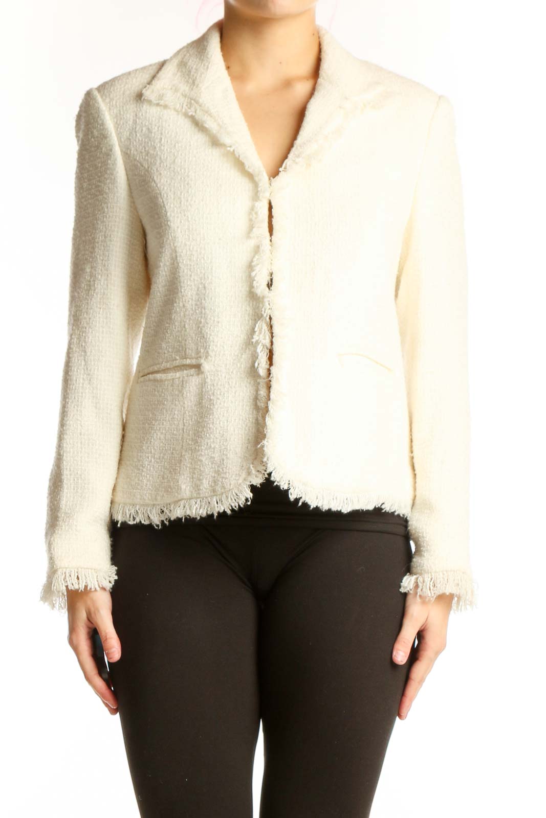 Cream Textured Blazer Jacket with Frayed Edges Front