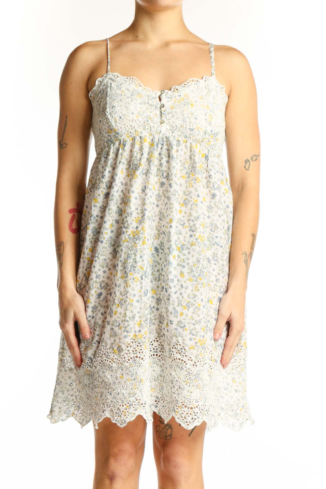 Cream Floral Lace Empire Waist Dress Front