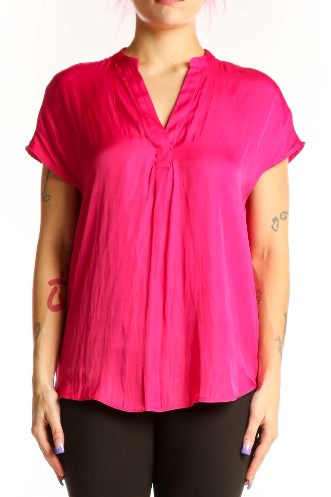 Pink Pleated V-Neck Short Sleeve Top Front