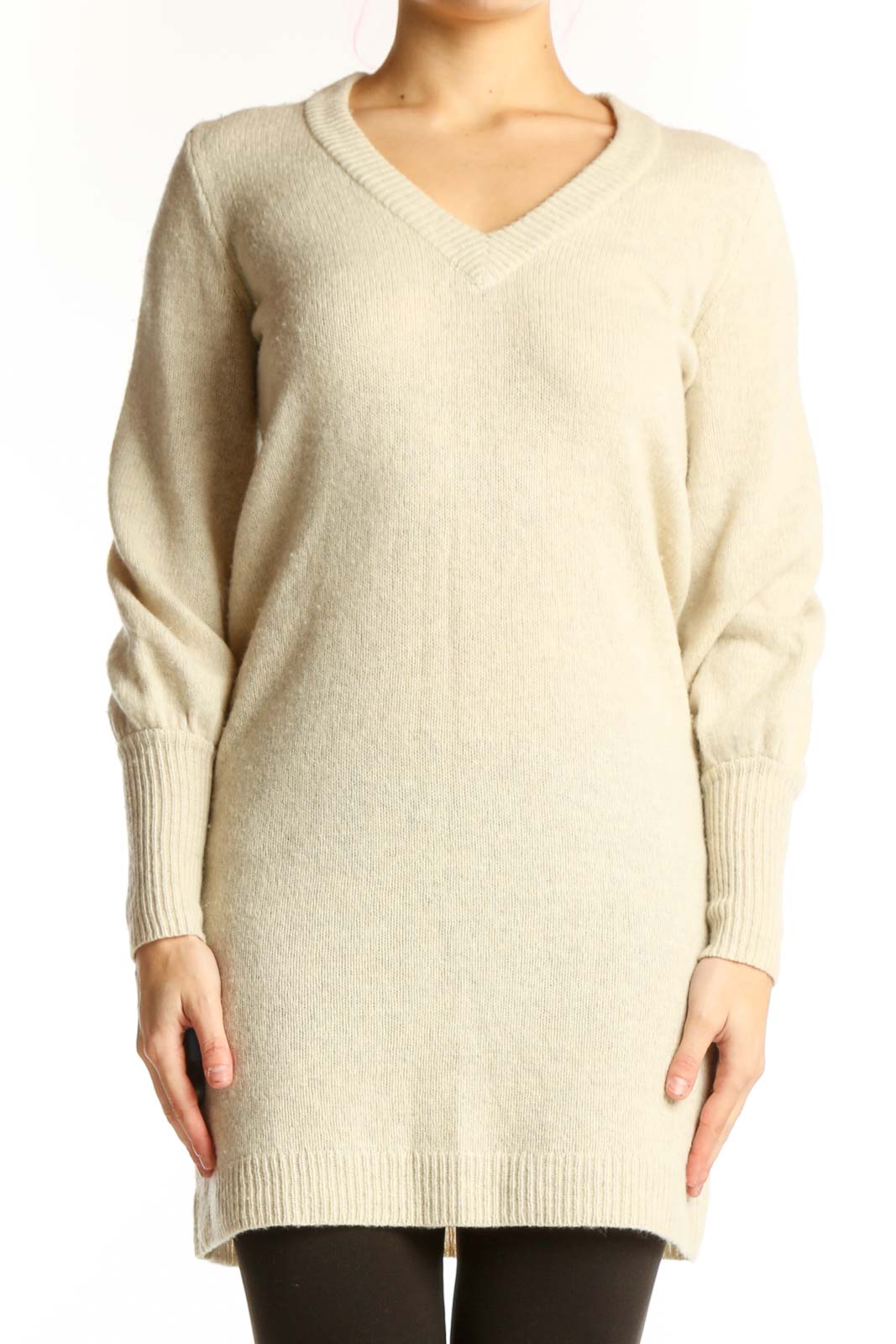 Cream Merino Wool V-Neck Sweater Dress Front