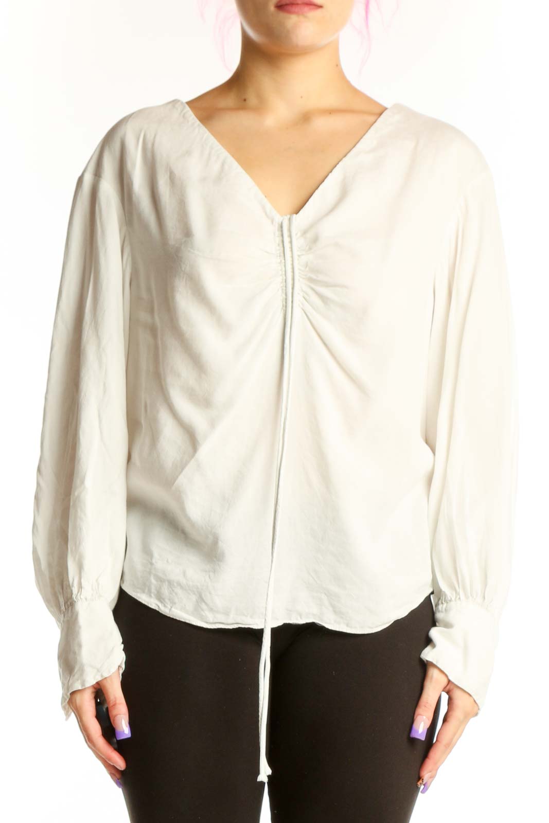 Cream Tencel V-Neck Blouse with Ruching Front