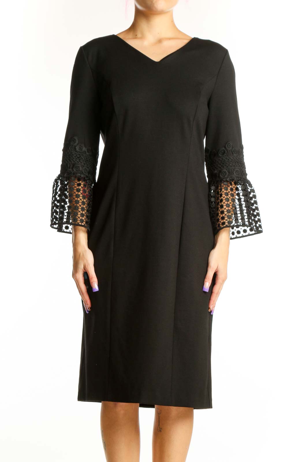 Black Lace Bell Sleeve Midi Dress Front
