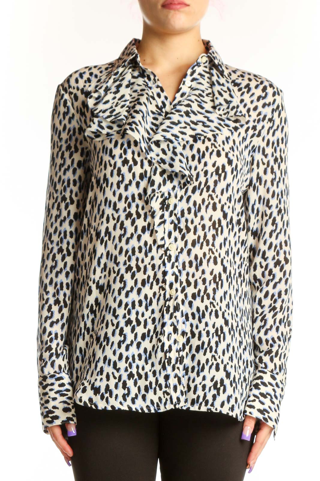 Cream Animal Print Button-Up Blouse Front