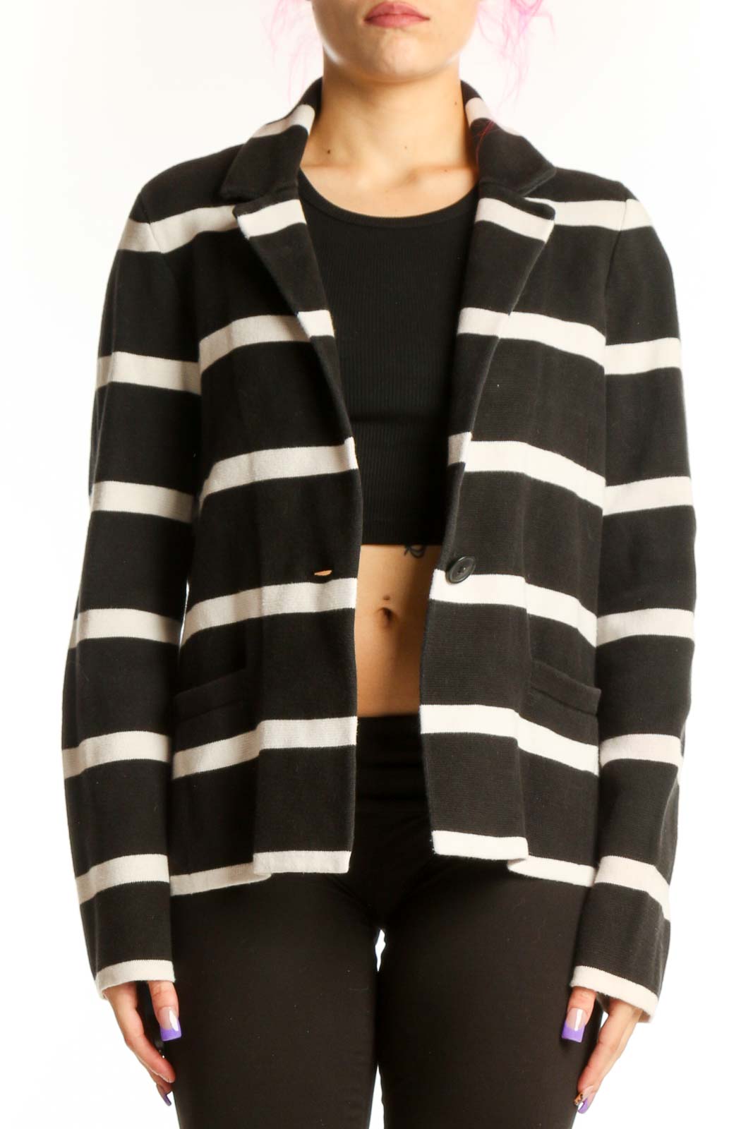 Black and White Striped Blazer Jacket Front