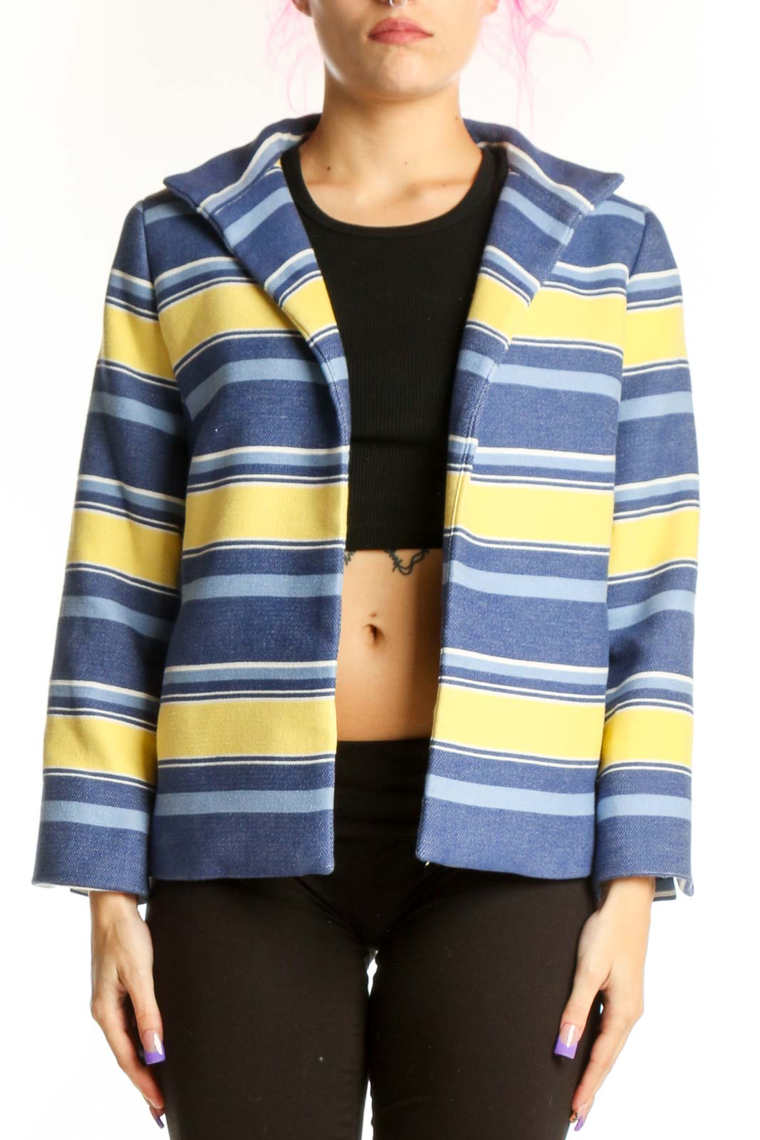 Navy Striped Blazer Jacket with Yellow Accents Front