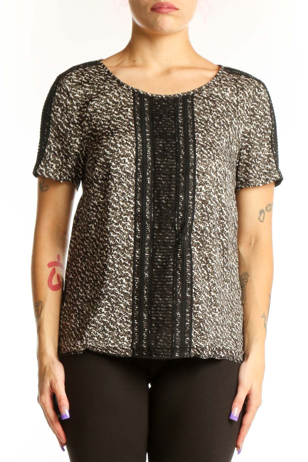 Black Metallic Short Sleeve Top Front
