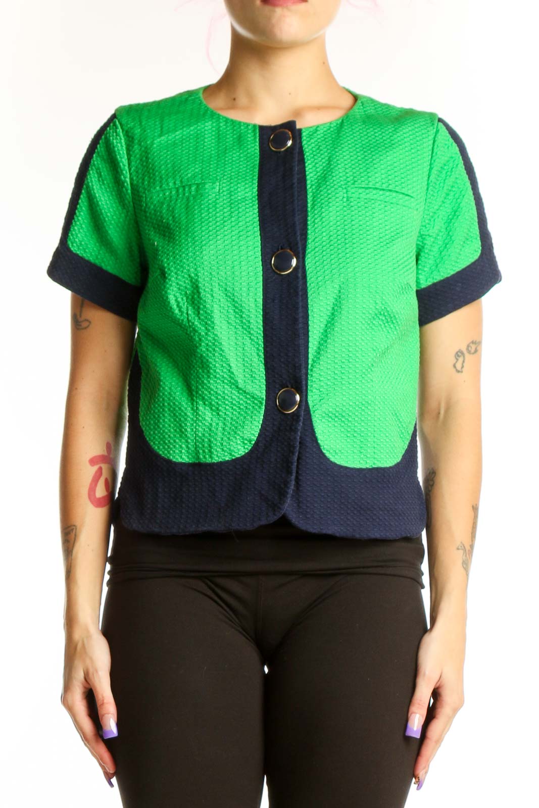 Green and Navy Color-Block Short Sleeve Jacket Front