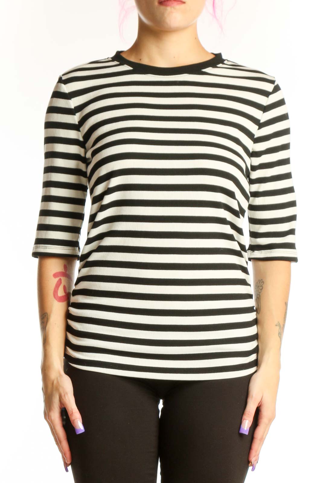 Black and White Striped Three-Quarter Sleeve Top Front