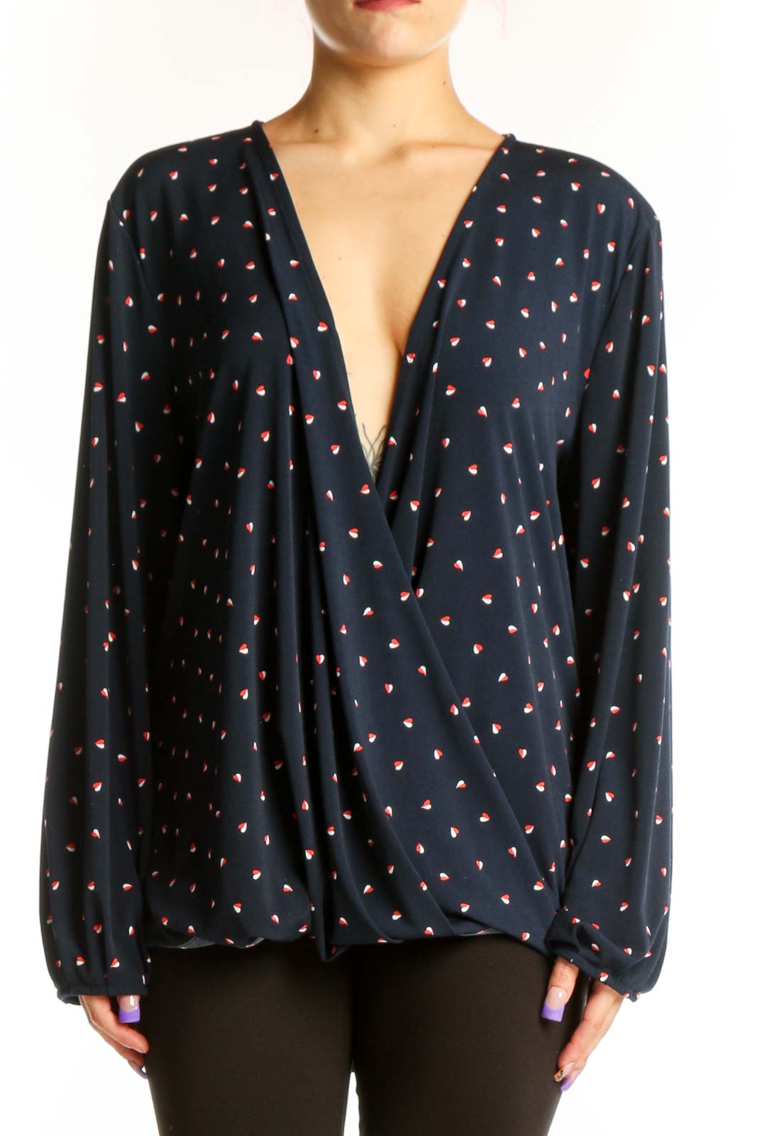 Navy Floral Print Wrap Blouse Front