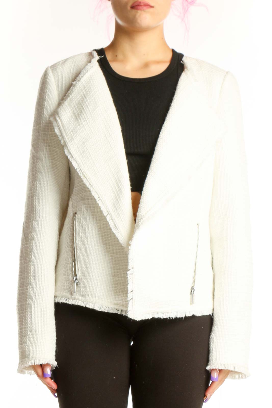 Cream Textured Blazer Jacket with Frayed Edges Front
