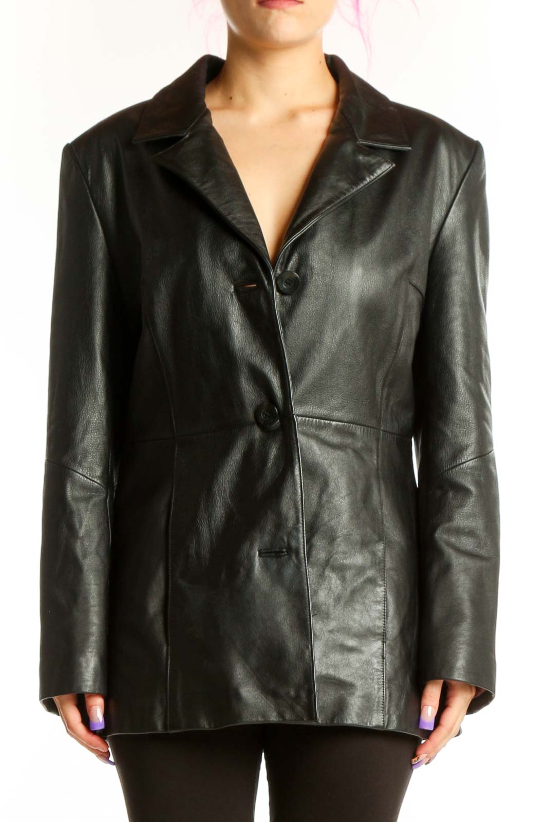 Black Leather Blazer Jacket Front