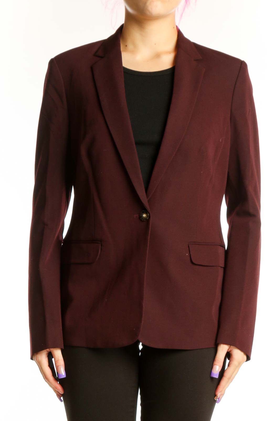 Burgundy Single Button Blazer Jacket Front
