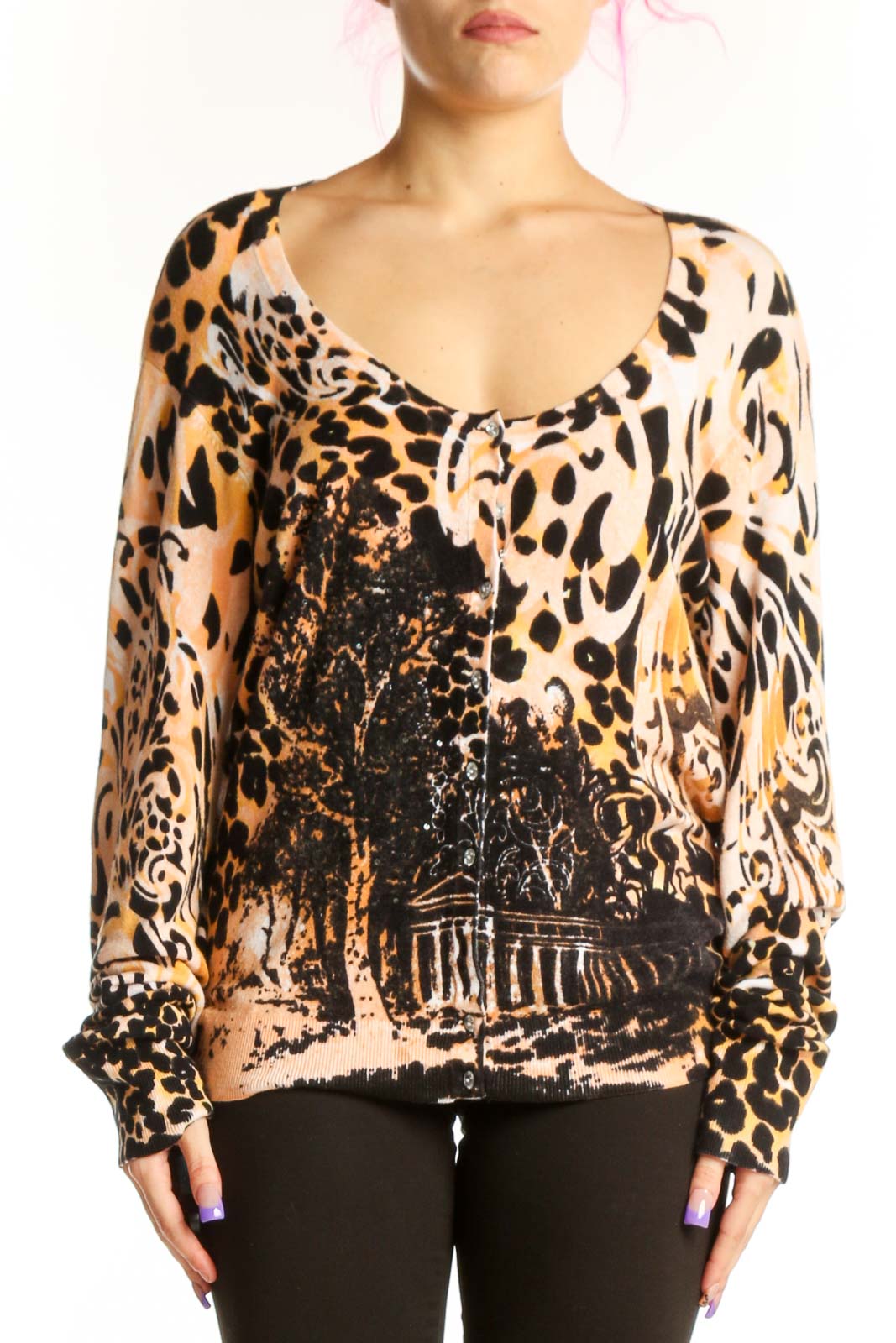 Beige Leopard Print Silk Blouse Front