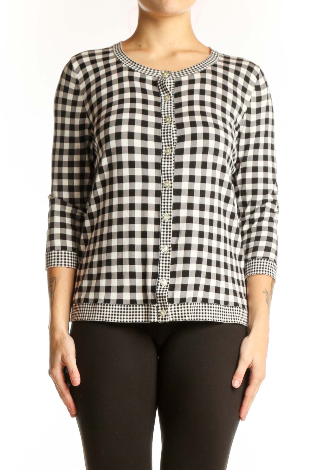 Black and White Gingham Knit Cardigan Front