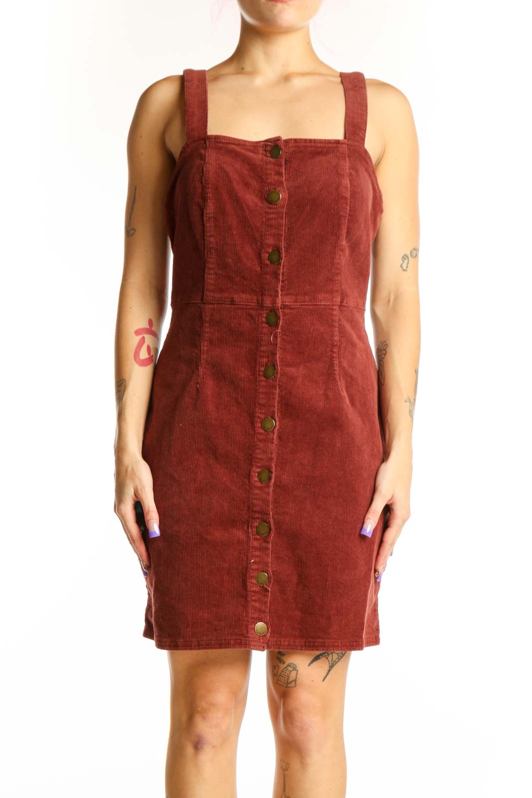 Burgundy Corduroy Button-Front Dress Front