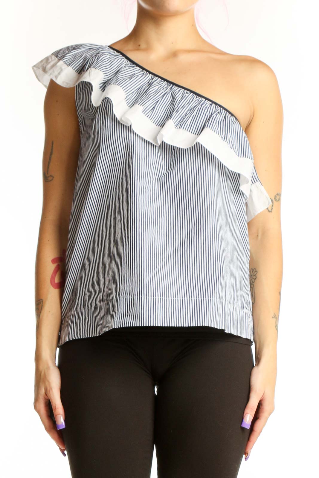 White Striped One-Shoulder Ruffle Top Front