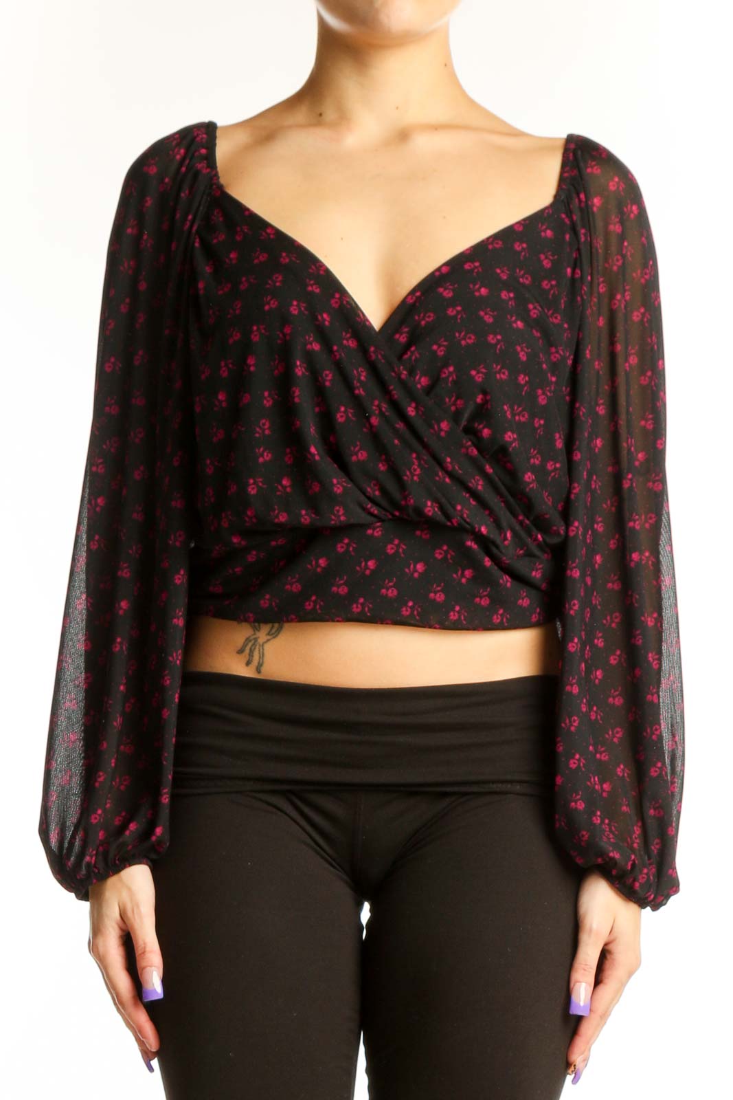 Burgundy Floral Wrap Crop Top Front