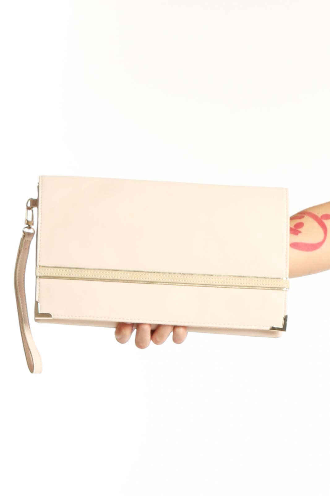 Cream Fold-Over Clutch with Gold Accent Front