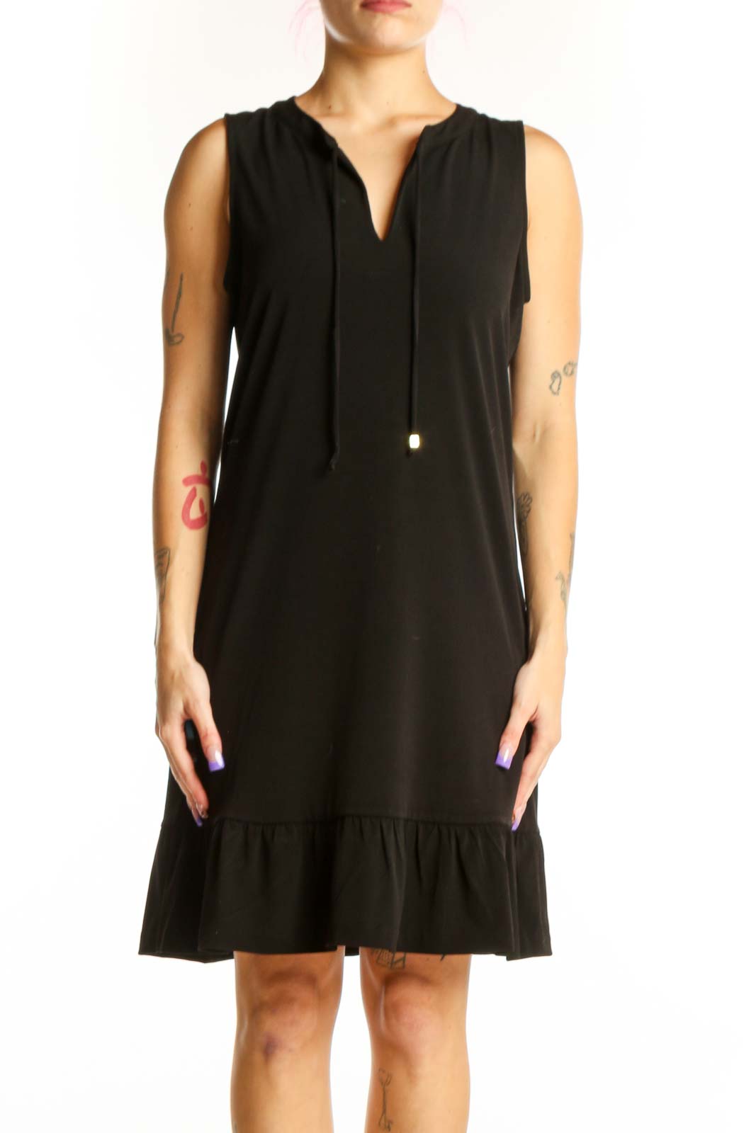 Black Sleeveless Shift Dress with Ruffle Hem Front