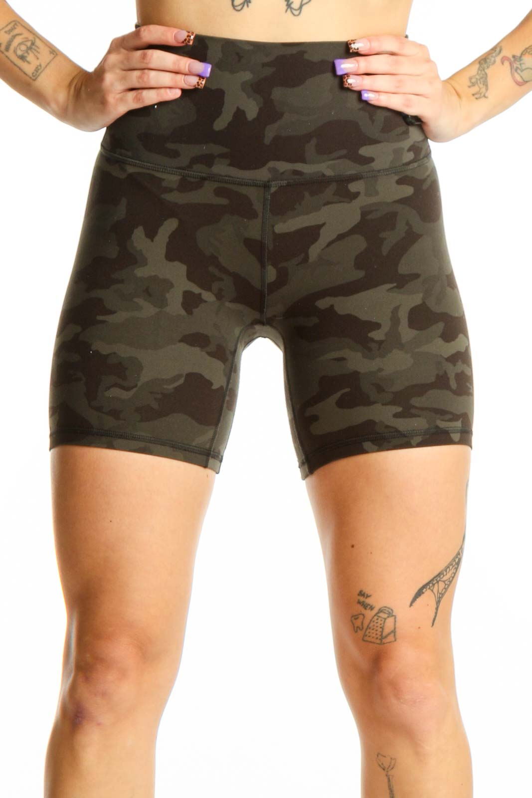 Olive Camo Activewear Bike Shorts Front