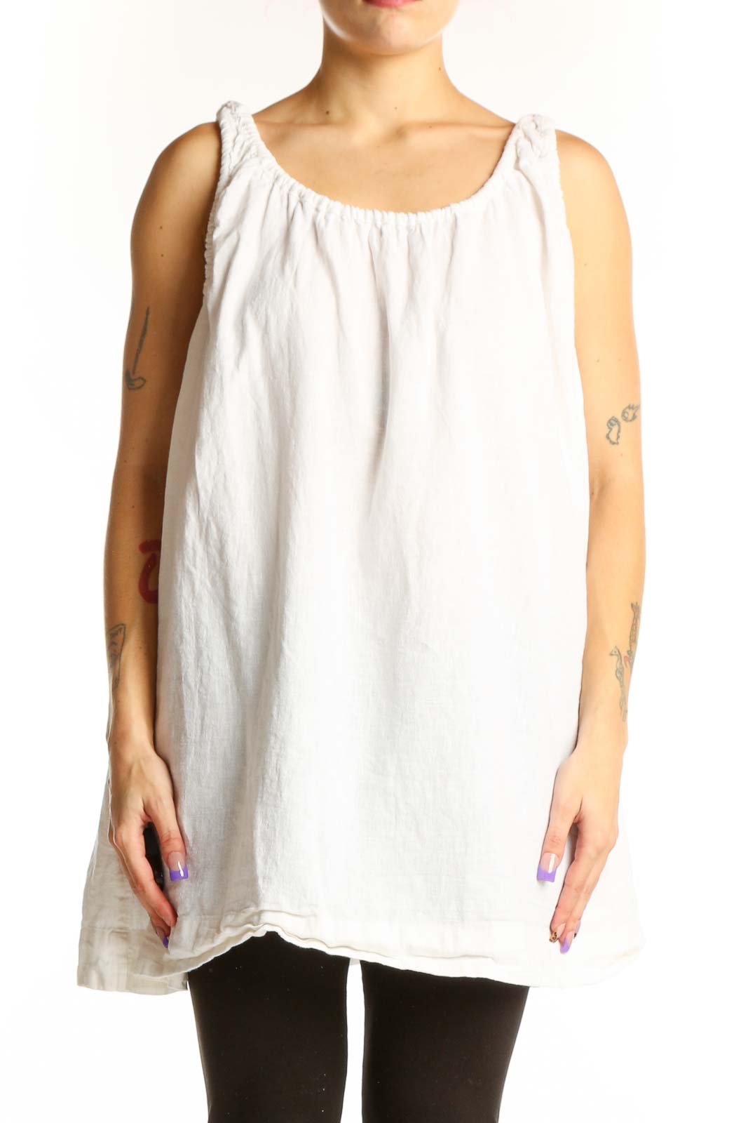 White Linen Cotton Tank Top Blouse Front