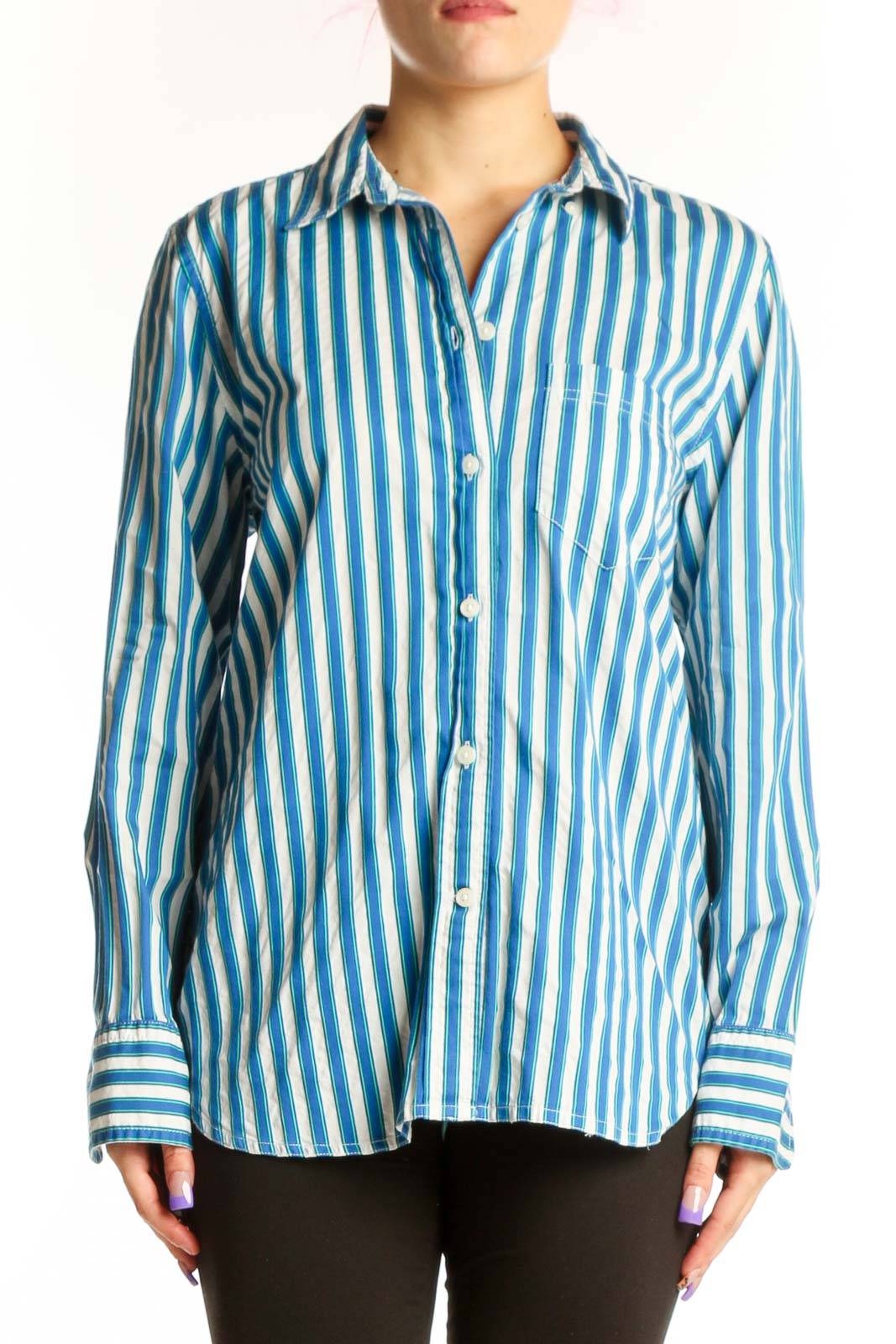 Blue Striped Cotton Button-Down Shirt Front