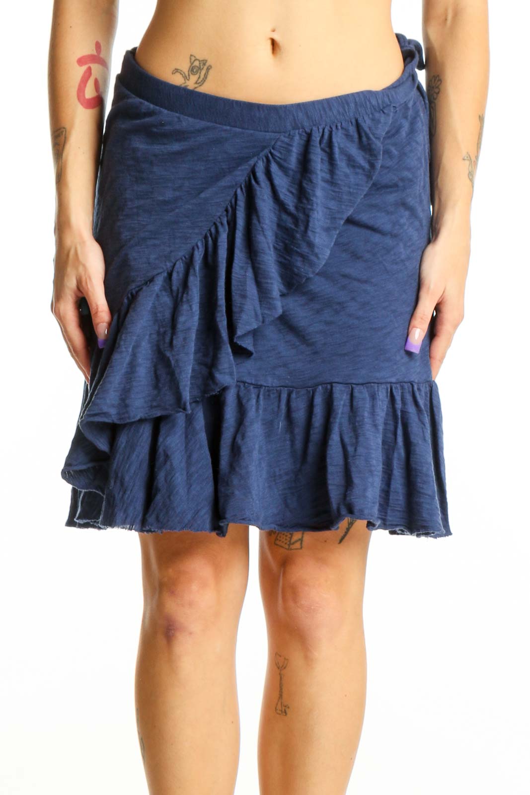 Navy Ruffled Cotton Mini Skirt Front