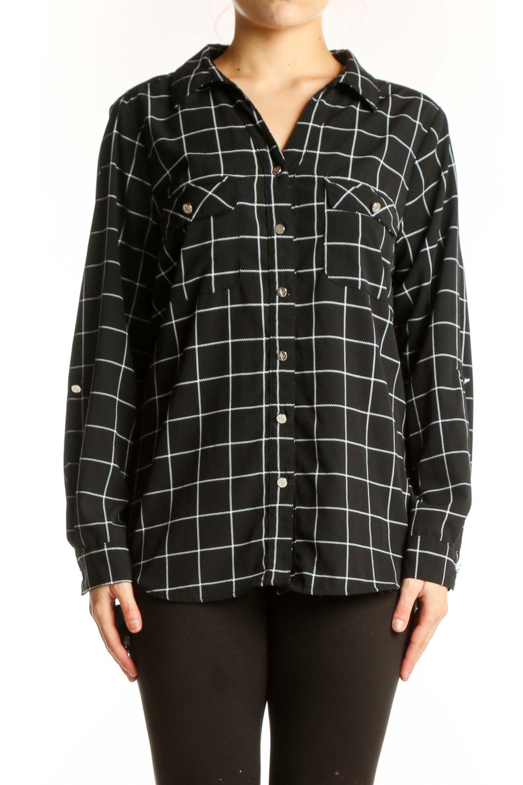 Black White Grid Plaid Button-Up Shirt Front