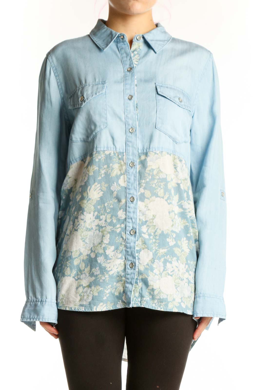 Light Blue Denim Floral Button-Up Shirt Front