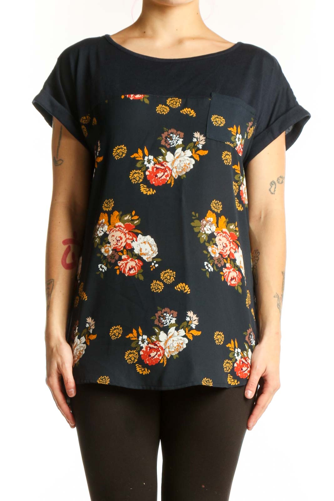 Black Floral Print Short Sleeve Top Front