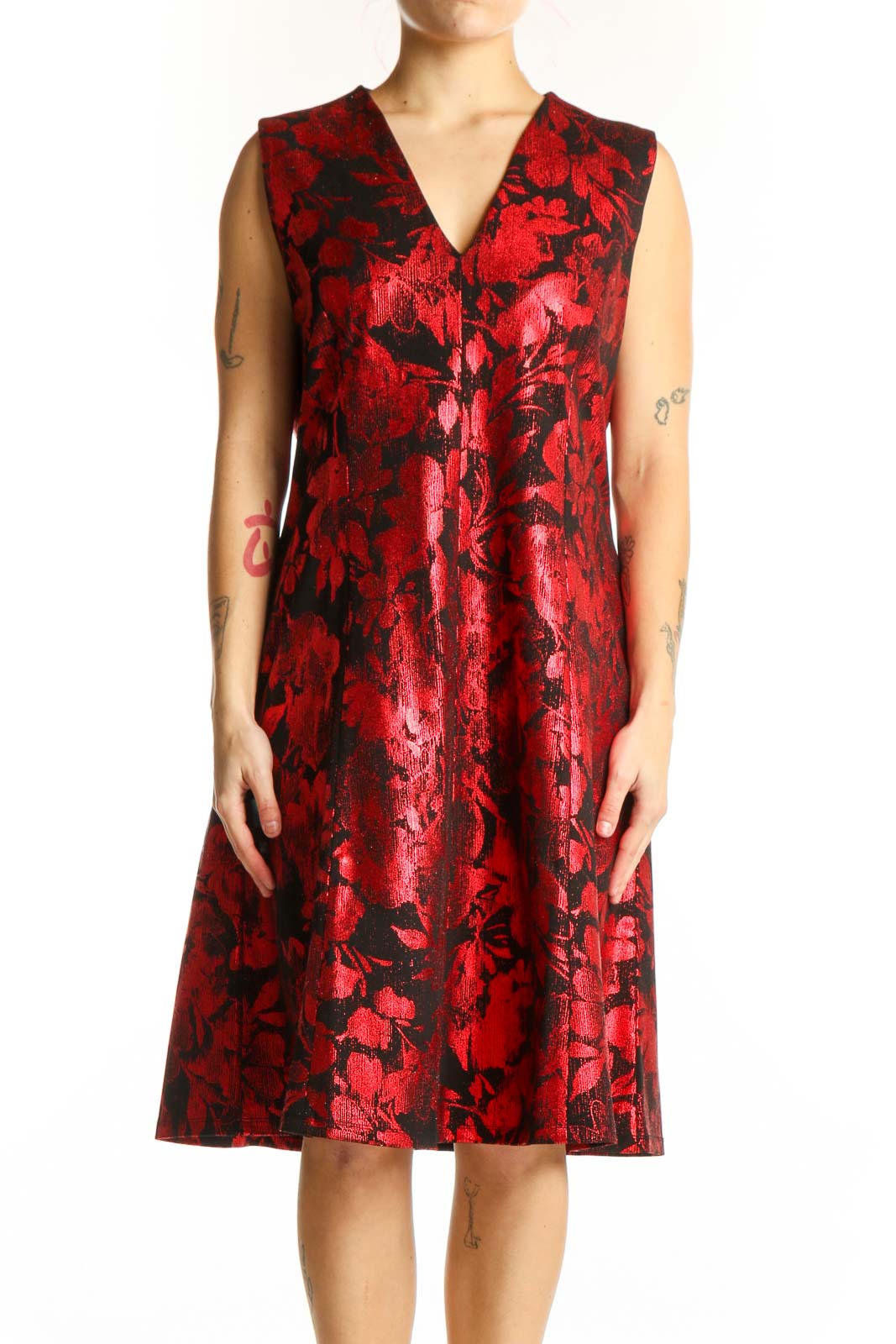 Red Floral Jacquard A-Line Dress Front