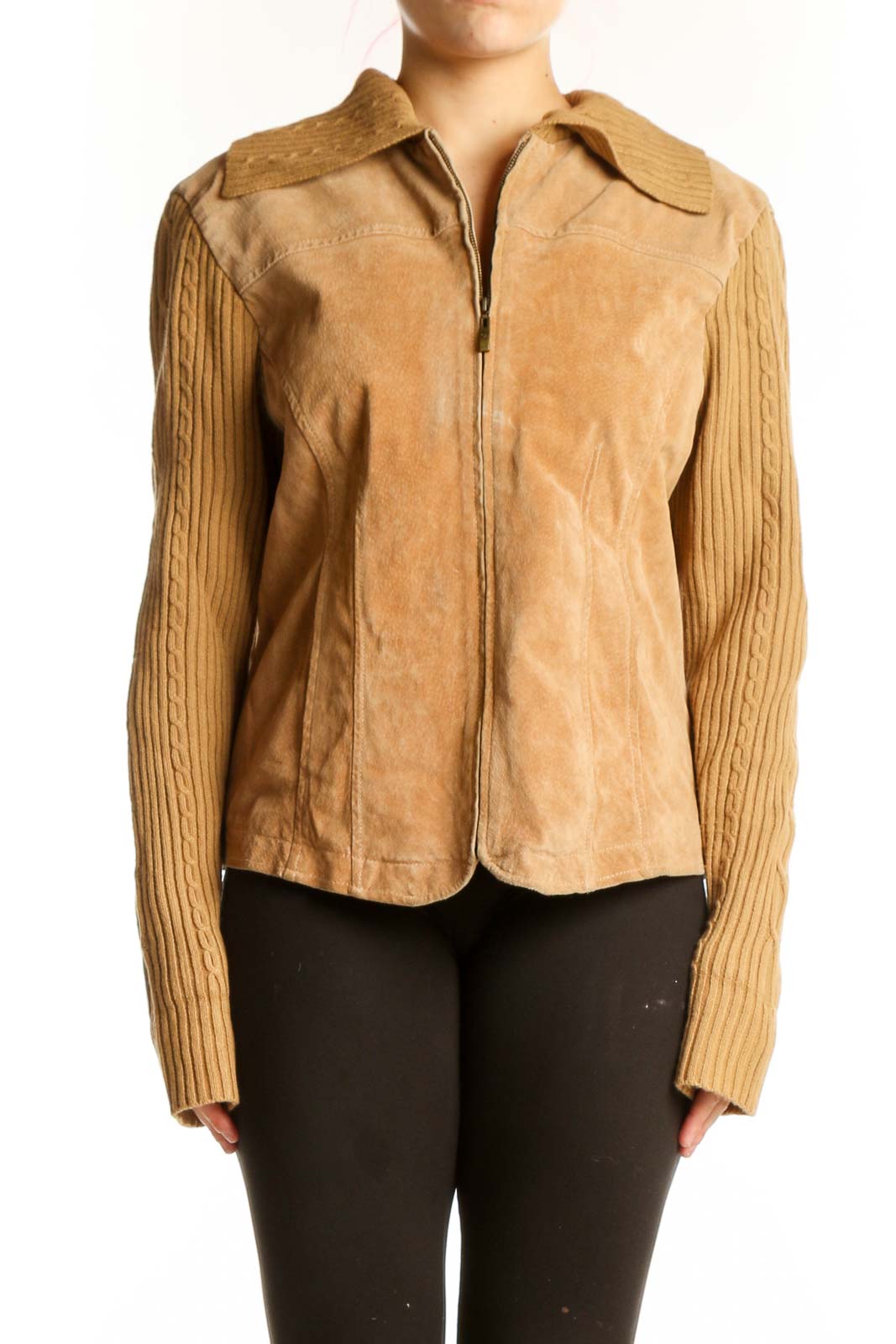 Tan Leather Acrylic Jacket with Ribbed Sleeves Front
