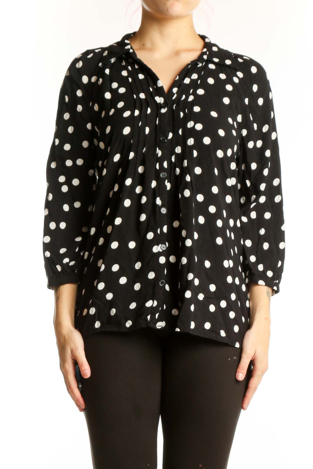 Black Polka Dot Viscose Button-Up Top Front